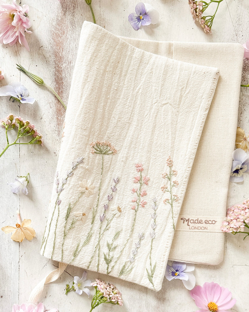 Hand-embroidered vintage linen book cover - wildflowers